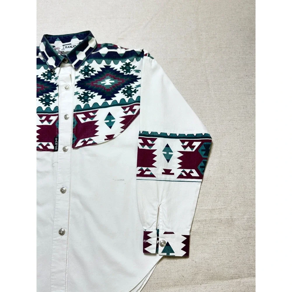 Vintage Banjo Southwestern Western Shirt Men's M White Aztec Snap Front USA Made